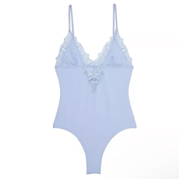 Fleur du Mal Tops - FLEUR DU MAL LILY EMBROIDERED LACE V NECK PLUNGE BODYSUIT TANK LIGHT BLUE XS